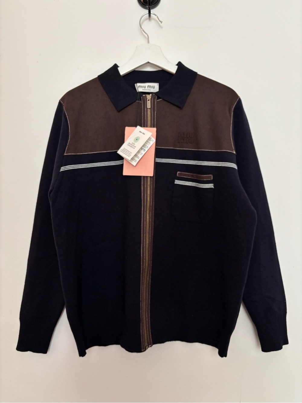 Miu Miu Zip-Up Sweater Jacket in Black and Brown